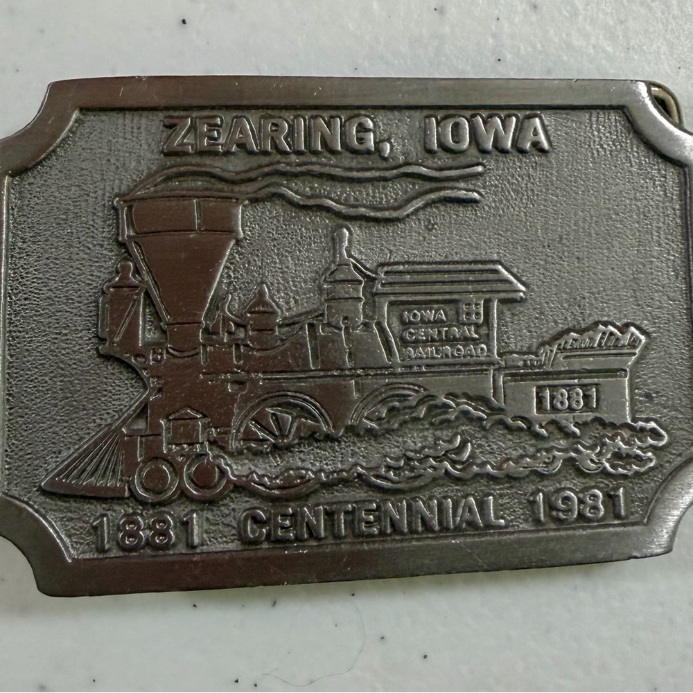Vtg 1981 Zearing Iowa Centennial Belt Buckle Train Iowa Central Railroad